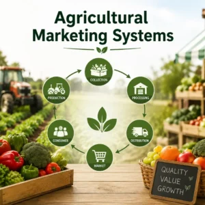 High-quality educational image for Agricultural Marketing Systems course showing farming trade and market strategies