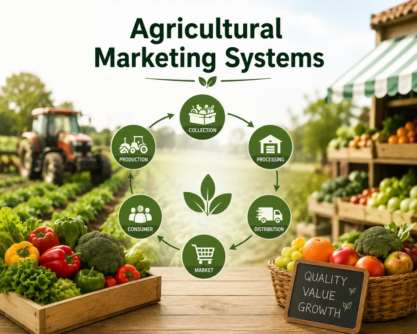 High-quality educational image for Agricultural Marketing Systems course showing farming trade and market strategies