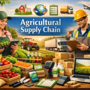 Modern educational banner for Agricultural Supply Chain course showing logistics and agribusiness tools