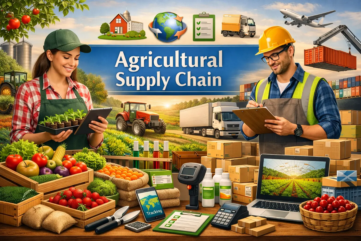 Modern educational banner for Agricultural Supply Chain course showing logistics and agribusiness tools