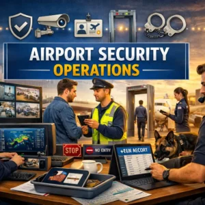 Professional Airport Security Operations course banner showing officers, scanners, and airport safety checks