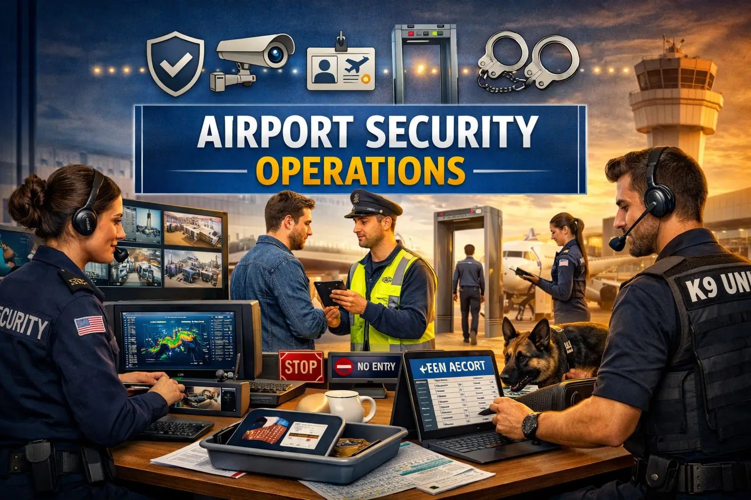 Professional Airport Security Operations course banner showing officers, scanners, and airport safety checks