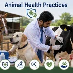 Professional banner showing Animal Health Practices with veterinary and livestock visuals
