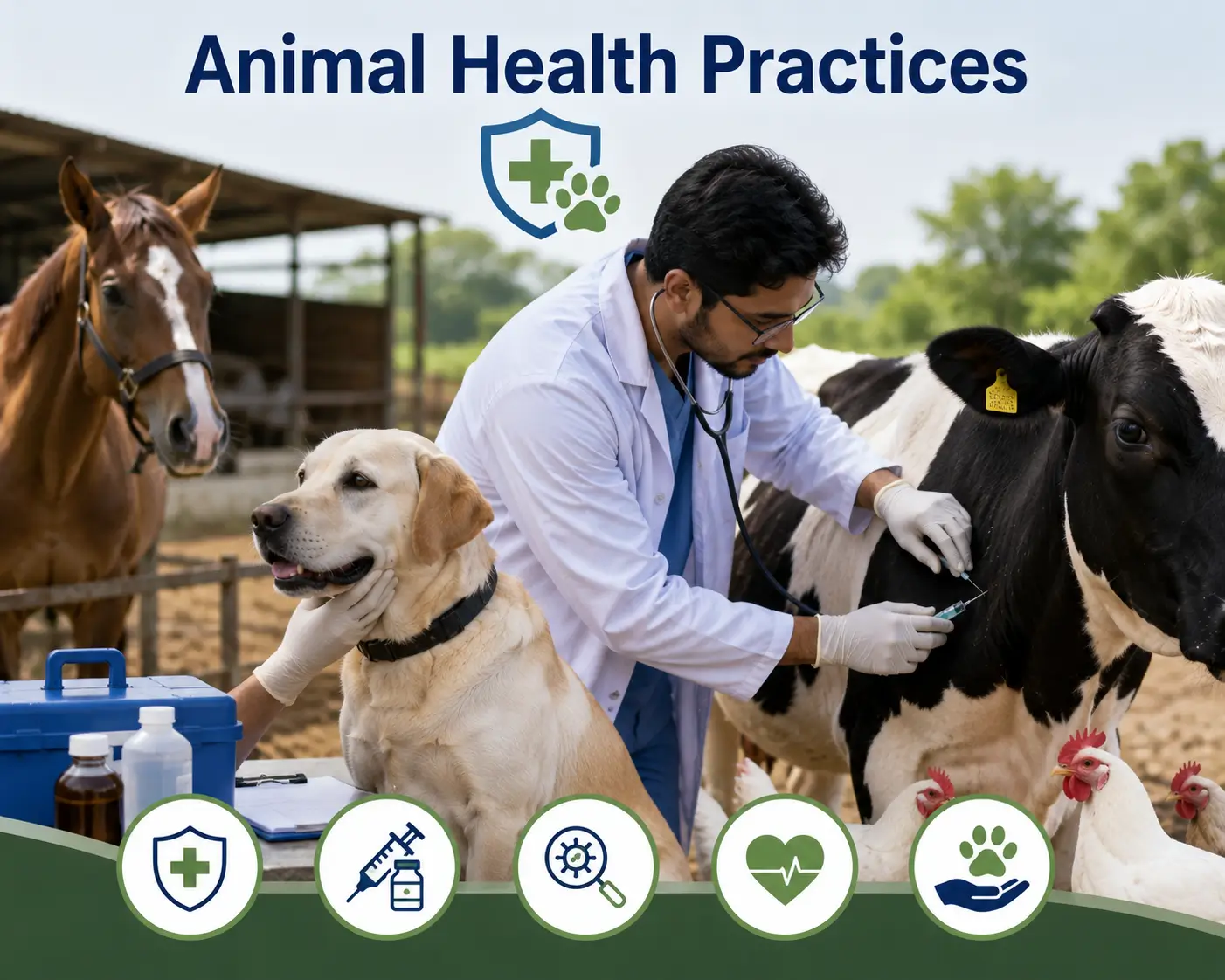 Professional banner showing Animal Health Practices with veterinary and livestock visuals