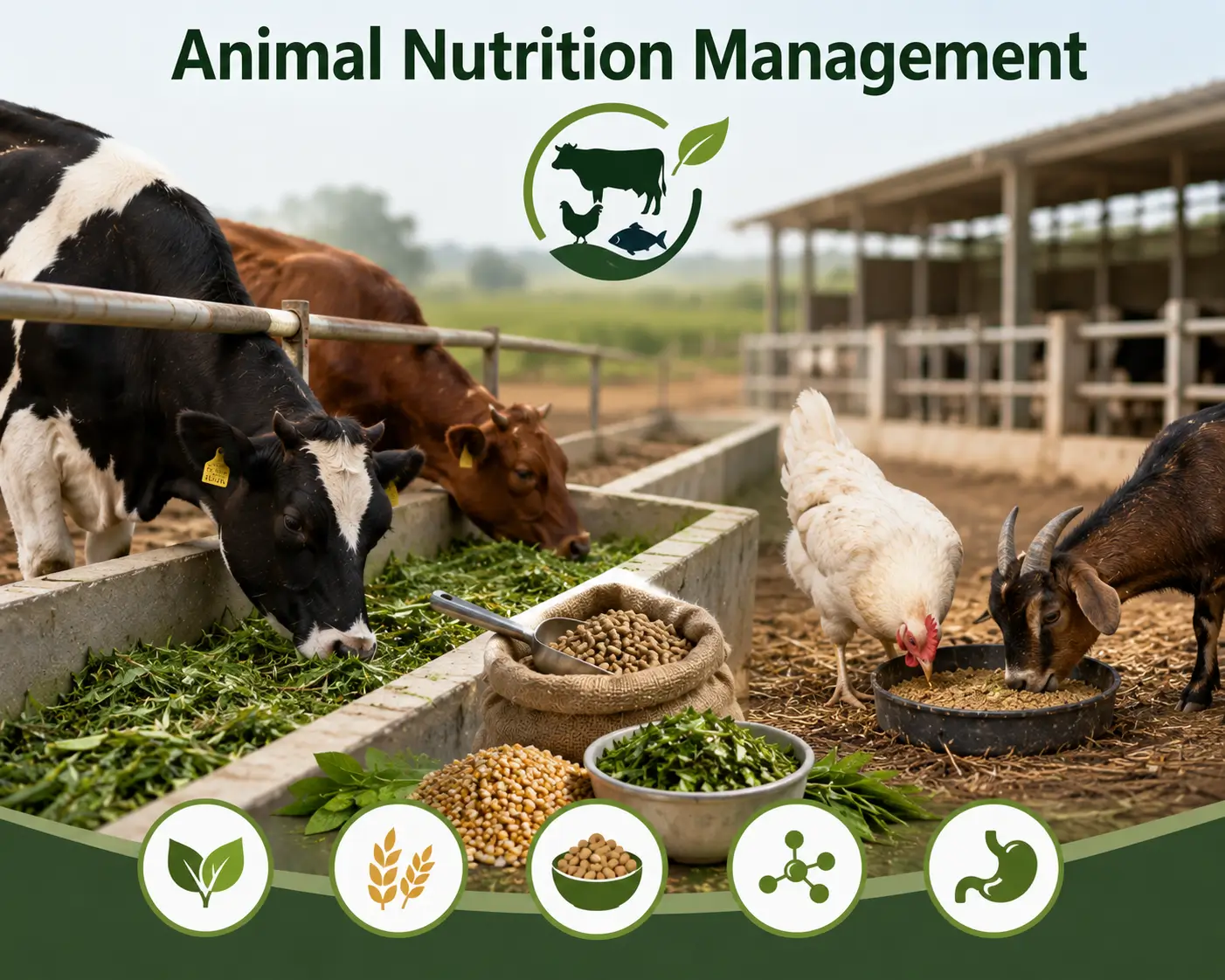 Professional banner showing Animal Nutrition Management with livestock feeding and nutrition visuals