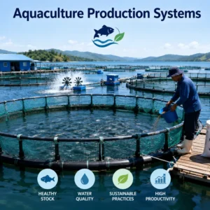 Professional banner showing Aquaculture Production Systems with fish farming and technology visuals