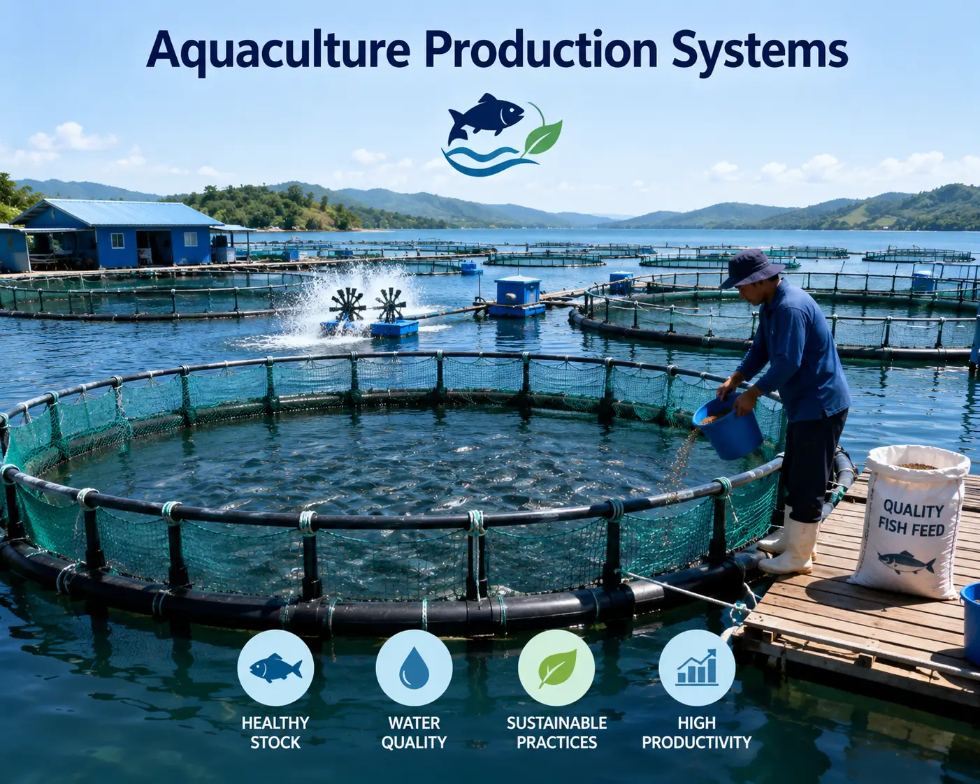 Professional banner showing Aquaculture Production Systems with fish farming and technology visuals