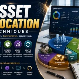 Educational banner for Asset Allocation Techniques course with portfolio and investment visuals