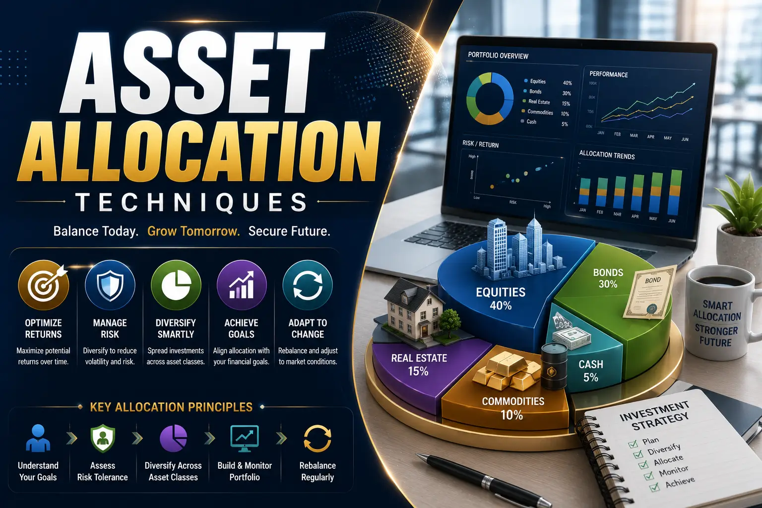 Educational banner for Asset Allocation Techniques course with portfolio and investment visuals