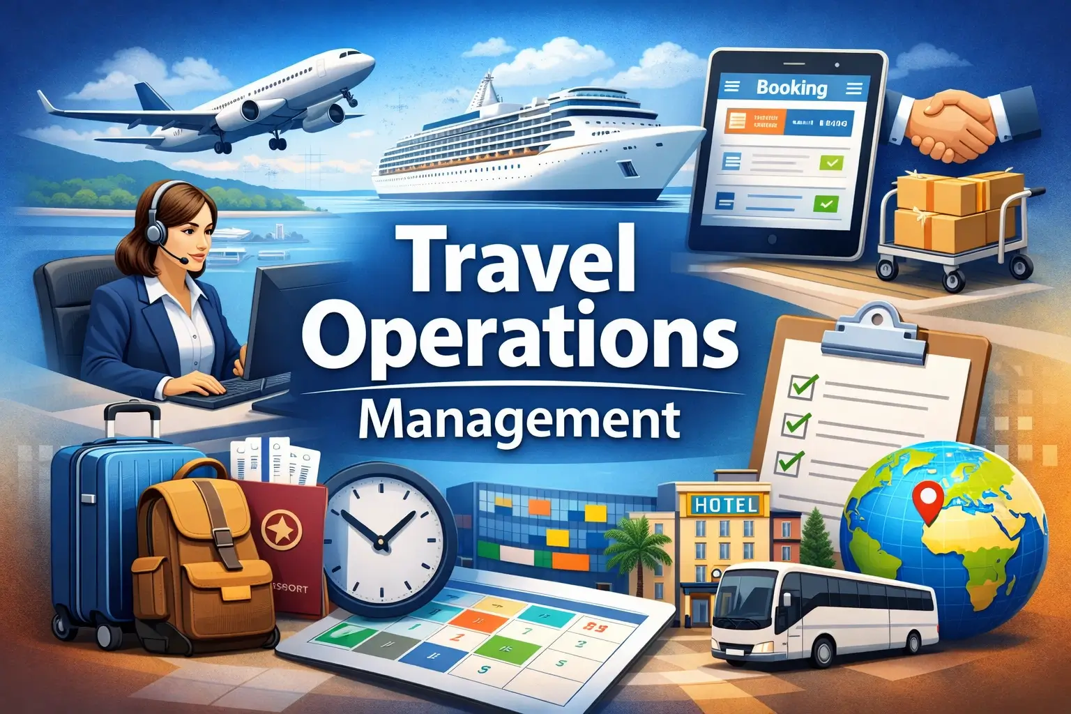 High-quality educational course image featuring Travel Operations Management with modern visuals