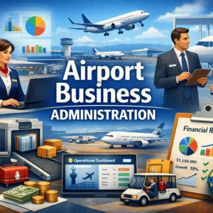 High-quality educational course image featuring Airport Business Administration with modern visuals
