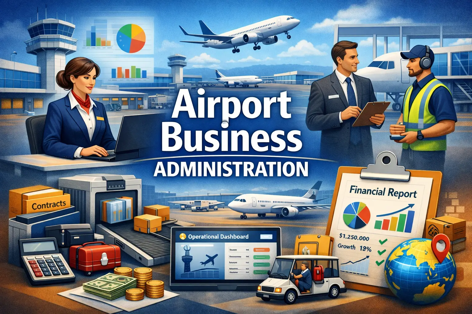 High-quality educational course image featuring Airport Business Administration with modern visuals
