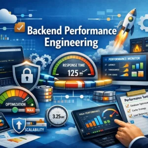 Educational banner for Backend Performance Engineering course with servers, gauges, and optimization visuals