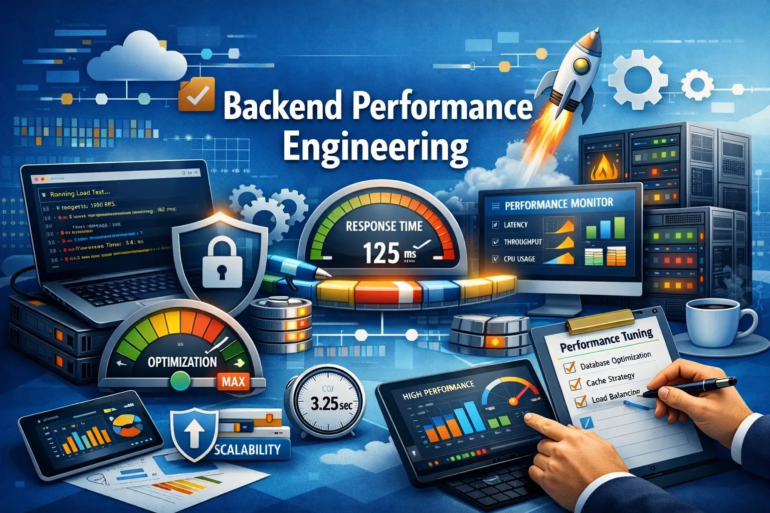 Educational banner for Backend Performance Engineering course with servers, gauges, and optimization visuals