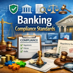 Professional Banking Compliance Standards course image with legal and financial visuals