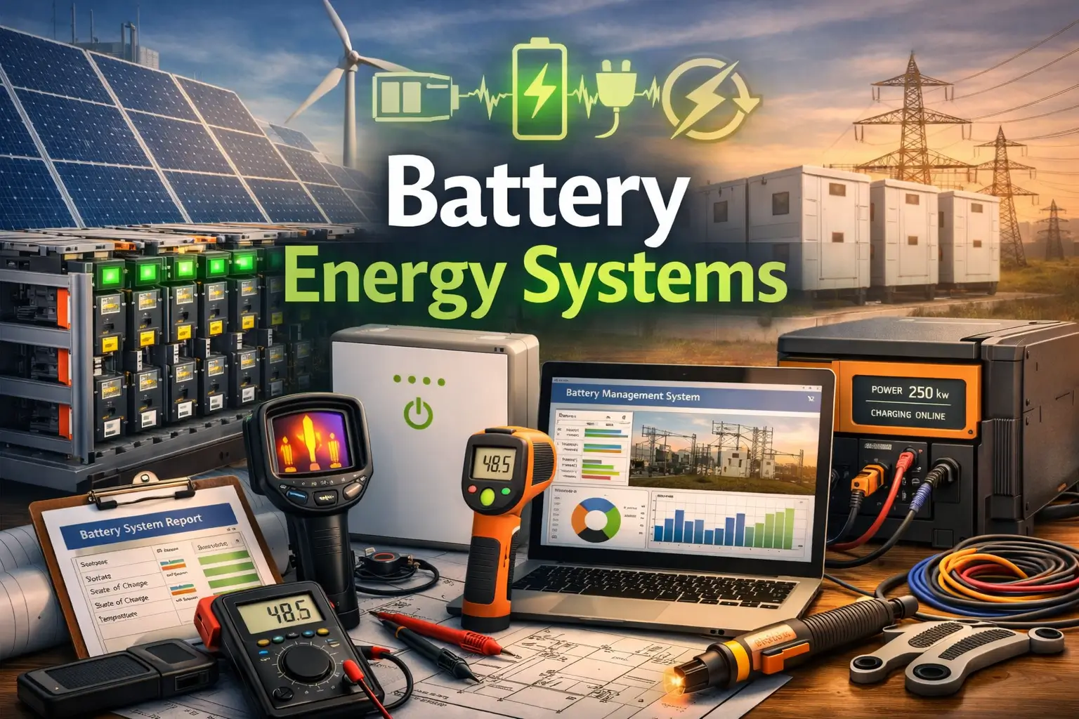 Professional Battery Energy Systems course image with batteries and energy storage visuals