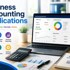 Educational banner for Business Accounting Applications course with finance and accounting visuals