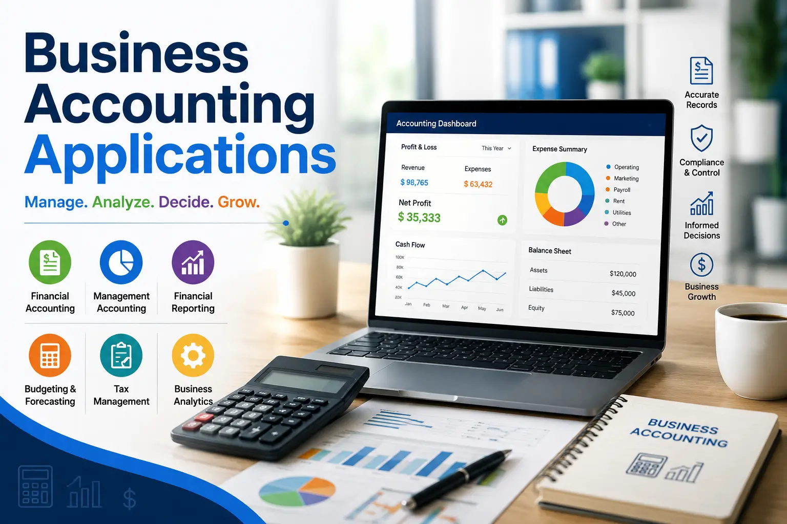 Educational banner for Business Accounting Applications course with finance and accounting visuals