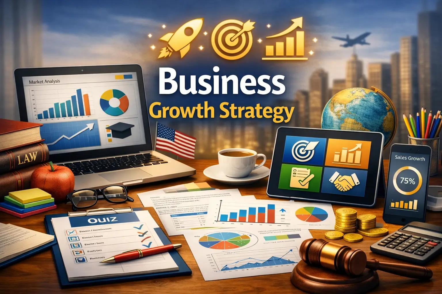 Educational course image for Business Growth Strategy with charts and growth visuals