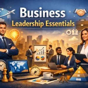Business Leadership Essentials course image with teamwork and strategy visuals