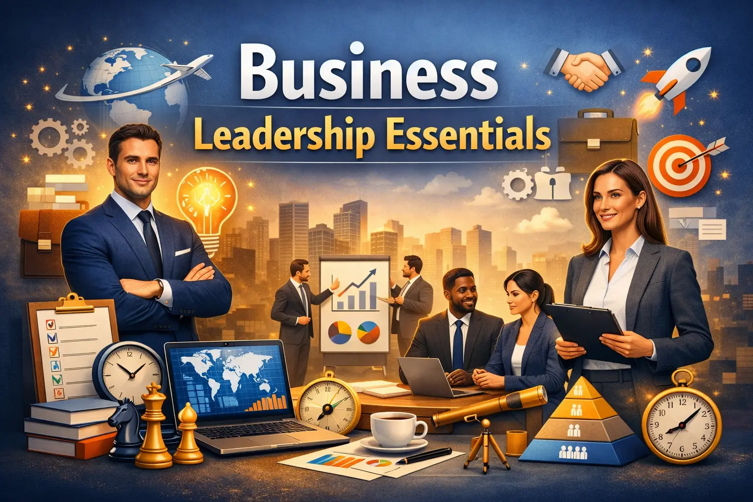 Business Leadership Essentials course image with teamwork and strategy visuals