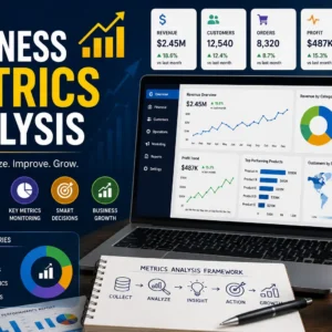 Educational banner for Business Metrics Analysis course with KPI and dashboard visuals