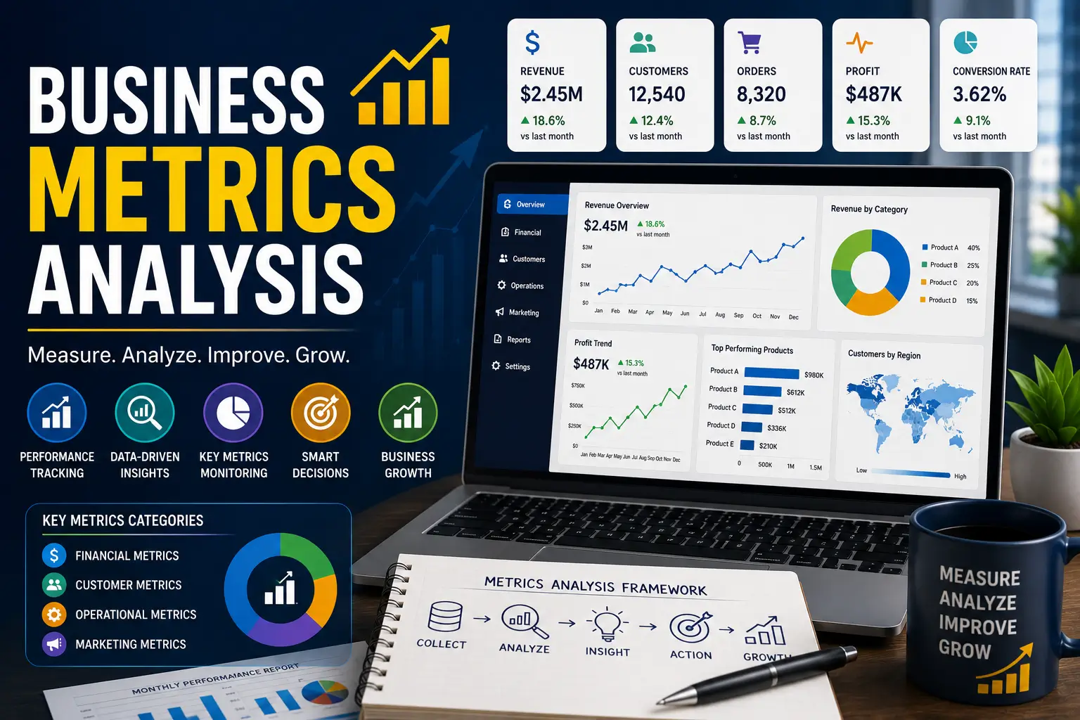 Educational banner for Business Metrics Analysis course with KPI and dashboard visuals