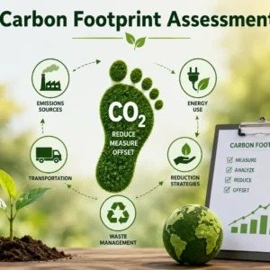 Modern educational banner for Carbon Footprint Assessment showing sustainability and eco-friendly practices