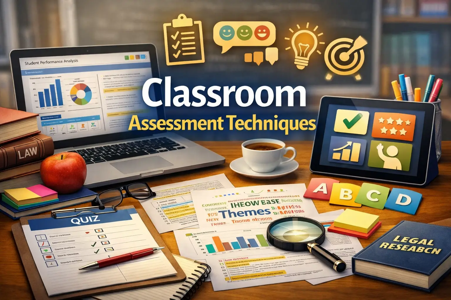 Educational course image for Classroom Assessment Techniques with quiz and feedback visuals