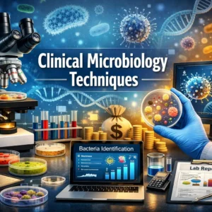 Educational banner for Clinical Microbiology Techniques course with lab visuals