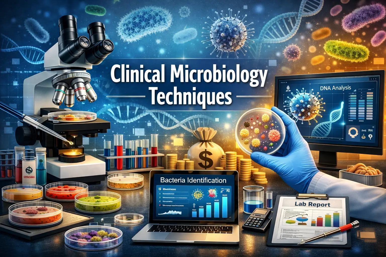 Educational banner for Clinical Microbiology Techniques course with lab visuals