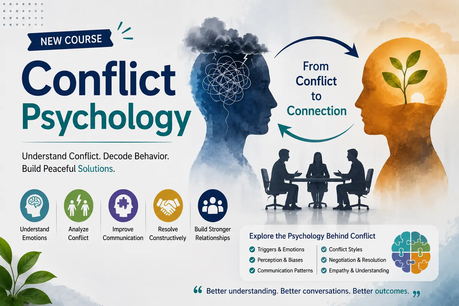 Professional course image for Conflict Psychology with human behavior and conflict visuals