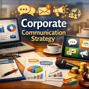 Educational course image for Corporate Communication Strategy with media and communication visuals