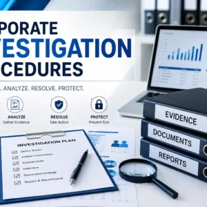Professional Corporate Investigation Procedures course image with workplace and compliance visuals