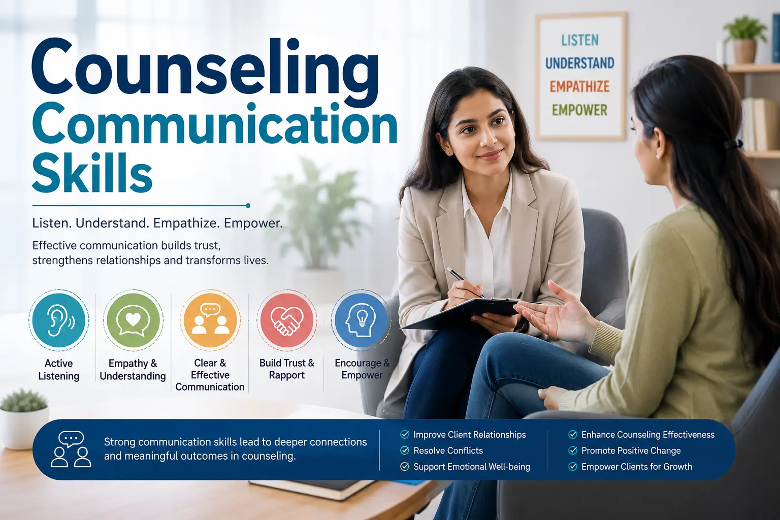 Professional Counseling Communication Skills course image with empathy and listening visuals