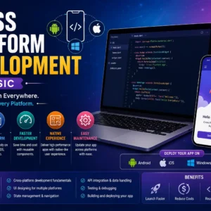 Educational banner for Cross Platform Development Basic course with app development and multi‑device visuals
