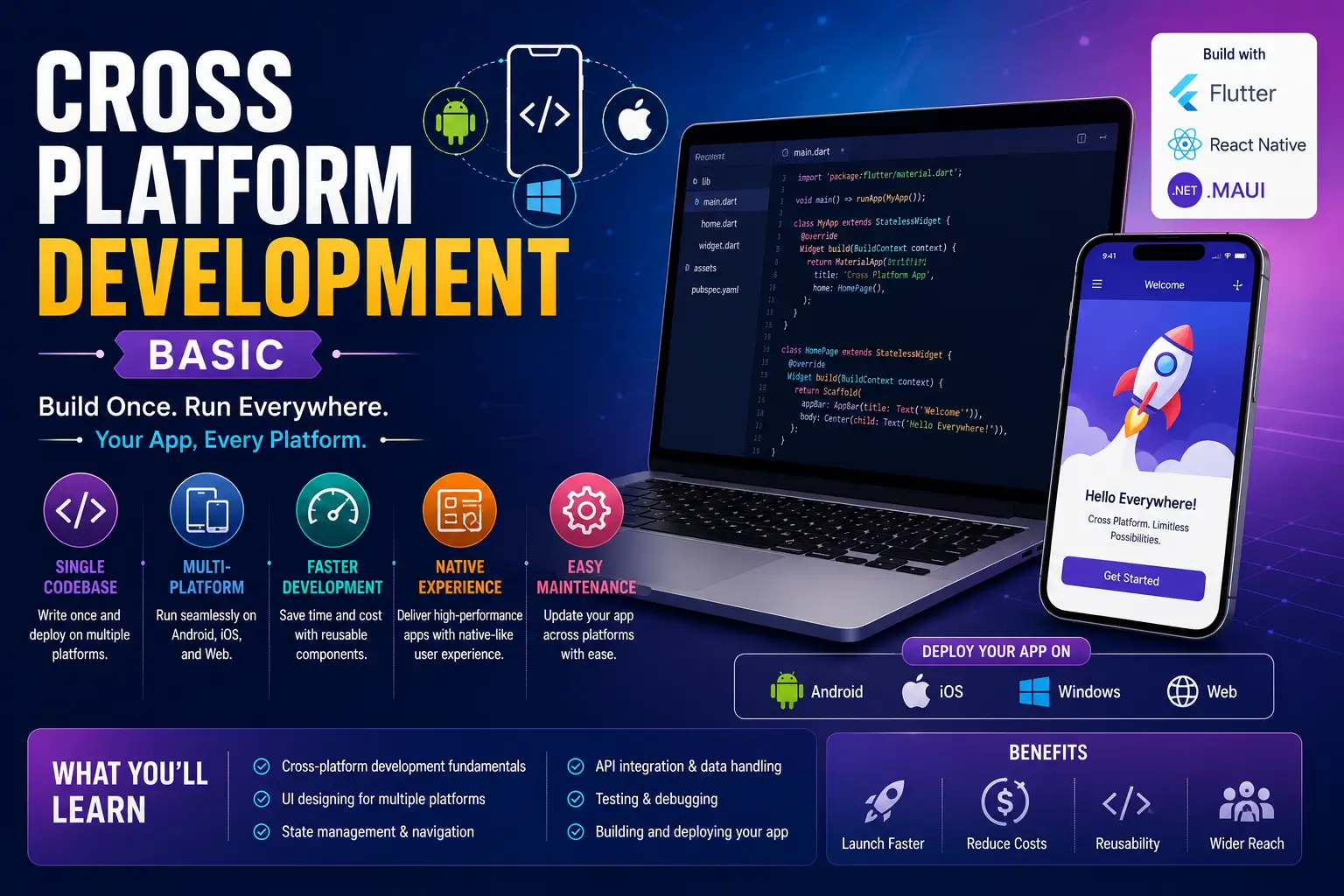 Educational banner for Cross Platform Development Basic course with app development and multi‑device visuals