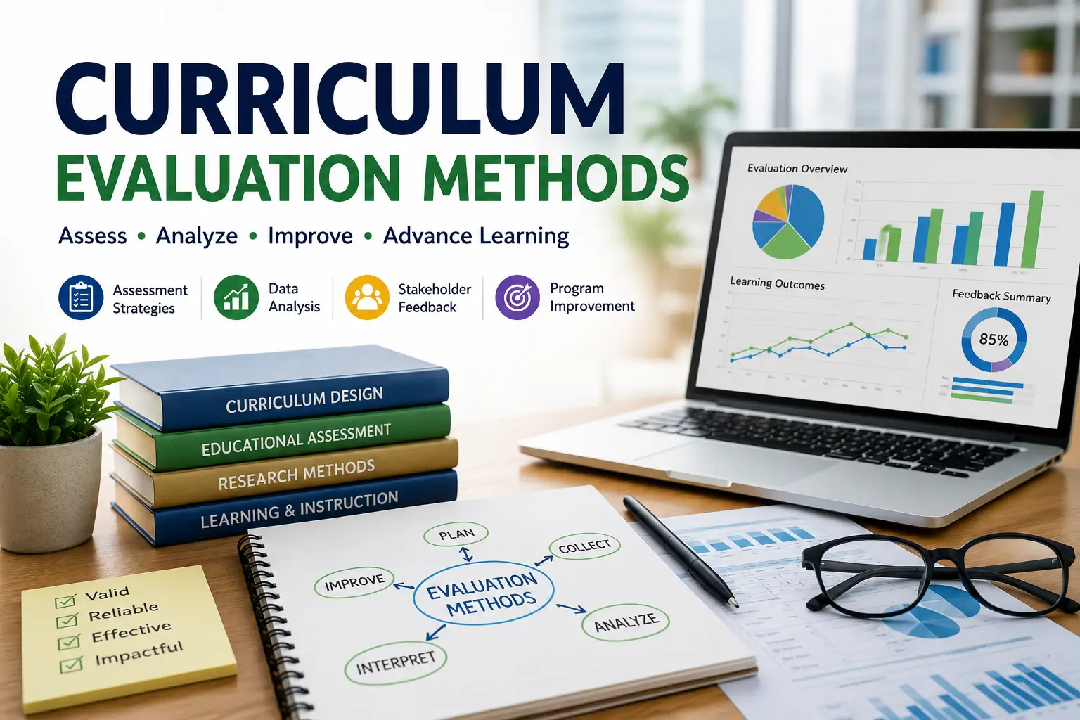 Professional Curriculum Evaluation Methods course image with assessment and academic visuals