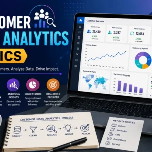 Educational banner for Customer Data Analytics Basics course with customer insights and analytics visuals