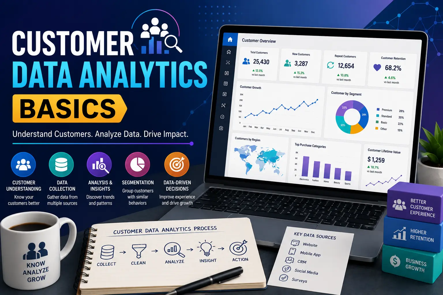Educational banner for Customer Data Analytics Basics course with customer insights and analytics visuals
