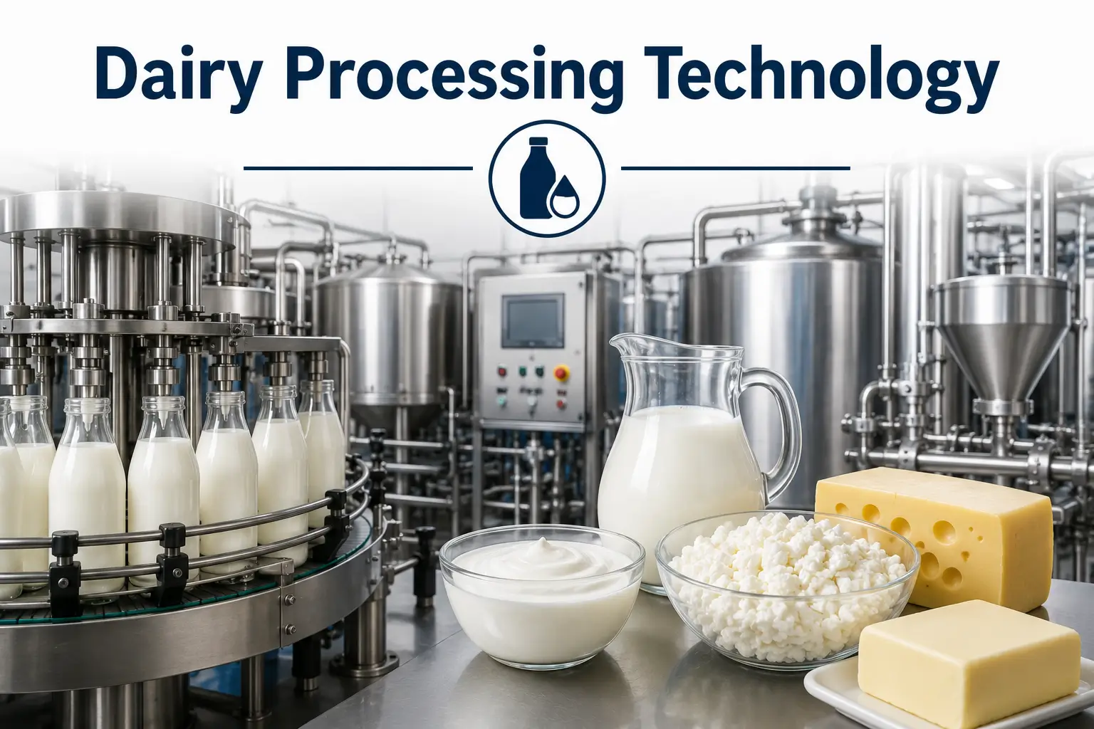Professional banner showing Dairy Processing Technology with modern dairy industry visuals