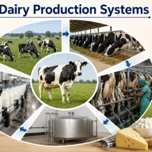 Professional banner showing Dairy Production Systems with modern dairy farming visuals