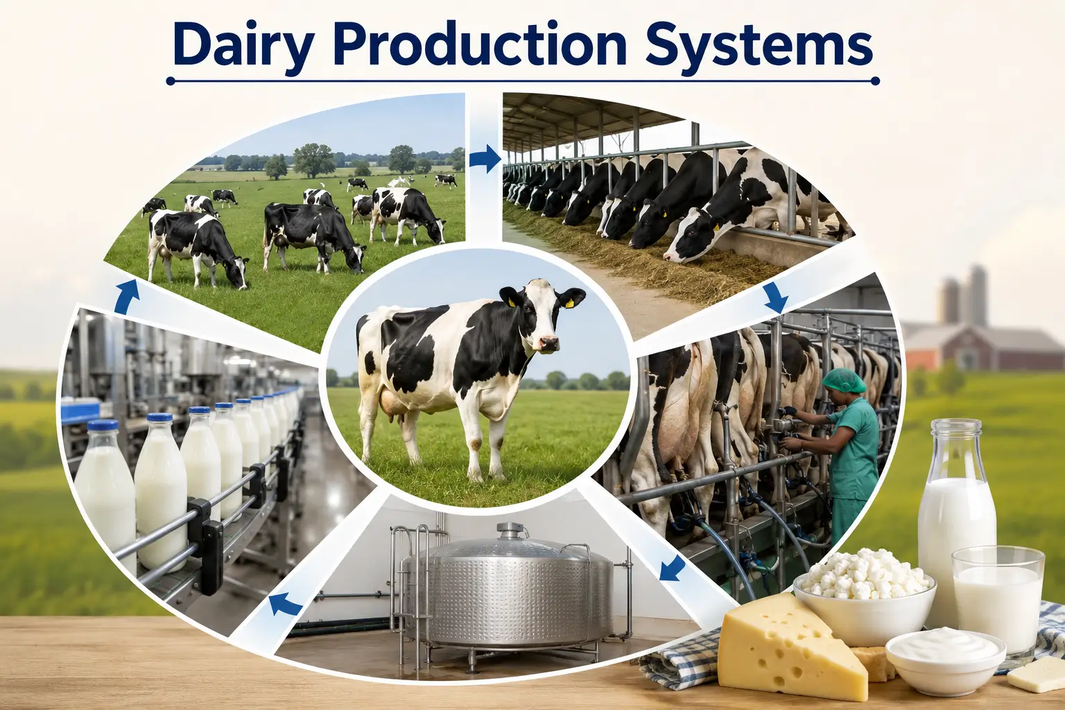 Professional banner showing Dairy Production Systems with modern dairy farming visuals