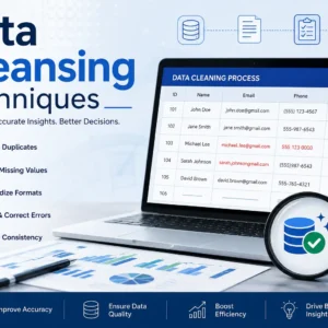 Educational banner for Data Cleansing Techniques course with data cleaning visuals