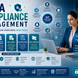 Educational banner for Data Compliance Management course with data security and compliance visuals