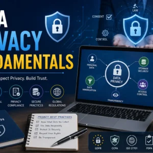 Educational banner for Data Privacy Fundamentals course with privacy and security visuals