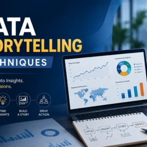 Educational banner for Data Storytelling Techniques course with charts and storytelling visuals