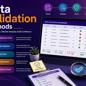 Educational banner for Data Validation Methods course with validation and accuracy visuals