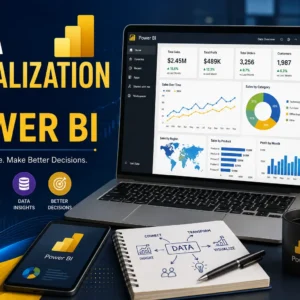 Educational banner for Data Visualization with Power BI course with dashboards and charts