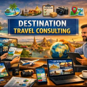 Professional Destination Travel Consulting course banner showing consultants, maps, and global destinations